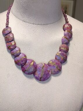 Vintage 60s Purple Metal Disc Necklace Beaded Spheres 21" Statement Jewelry